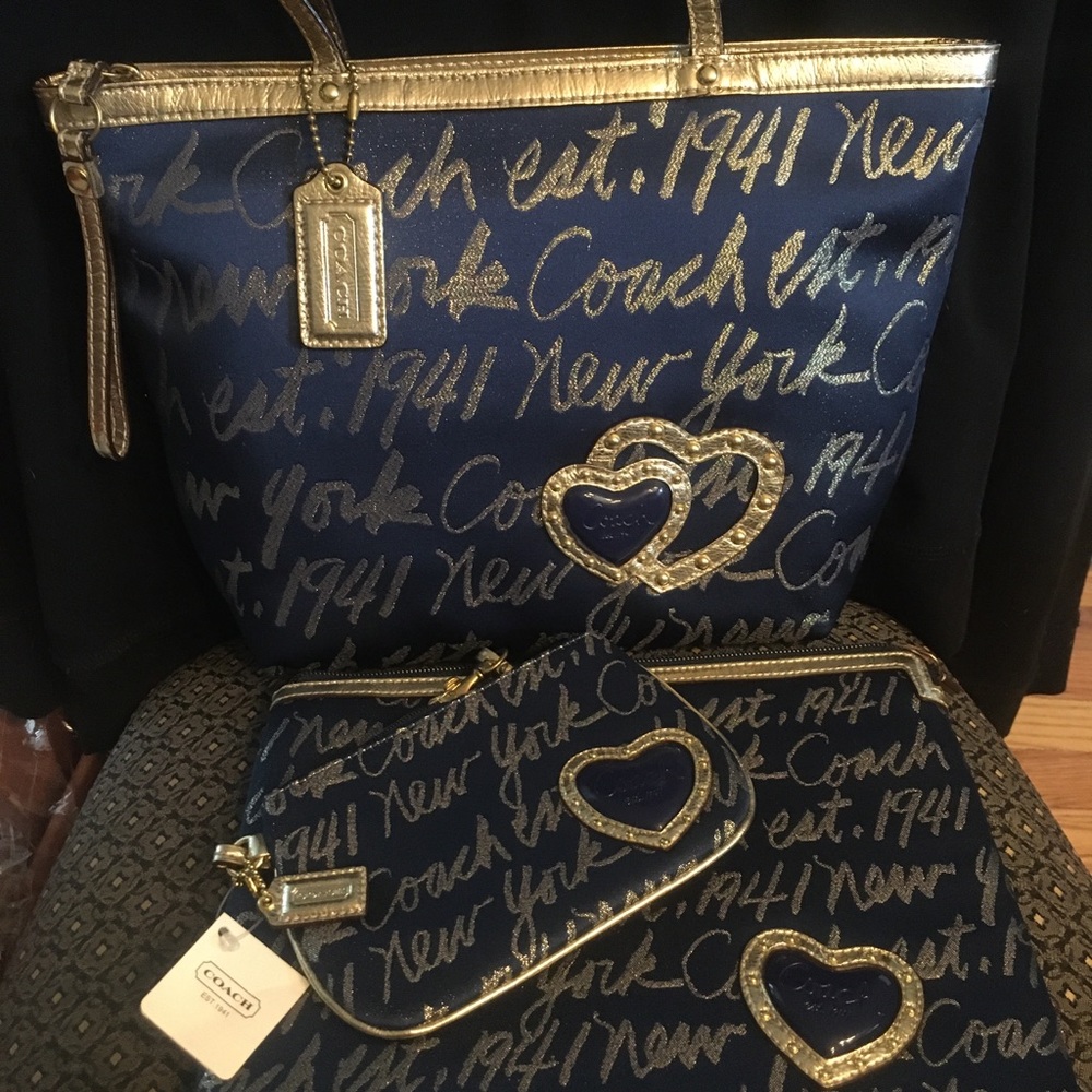 Coach RARE New York script tote +wallet+case 3 SET - Picture 1 of 8